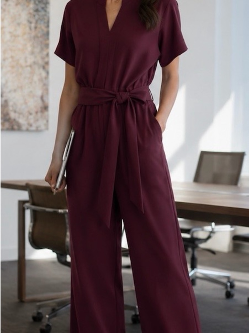 Never worn! Chico's V-Neck Burgundy Jumpsuit with Self-Tie Waist